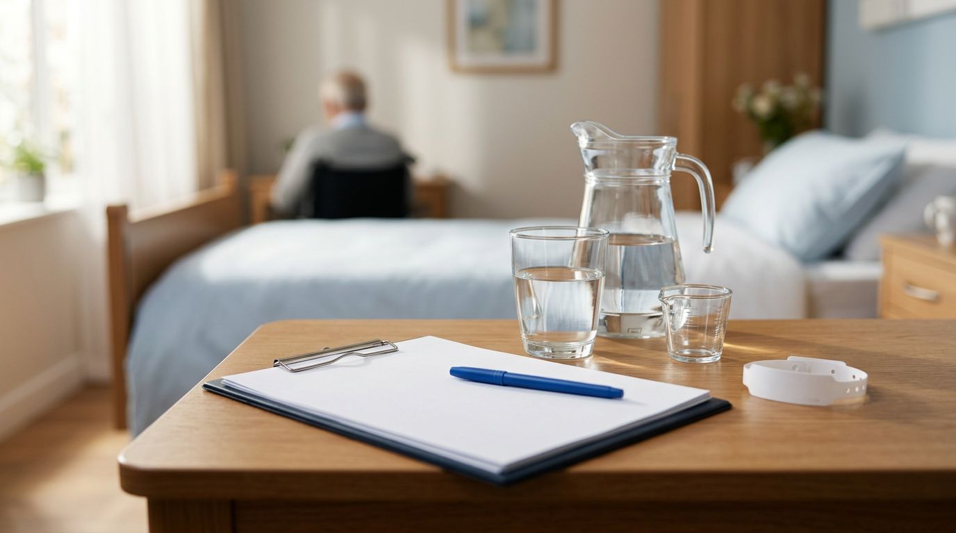 Bedside water, measuring cup, clipboard, and medical wristband in a care room.