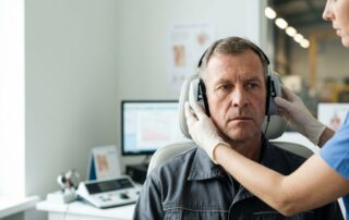 Worker wearing earmuffs during a hearing test in a clinic.