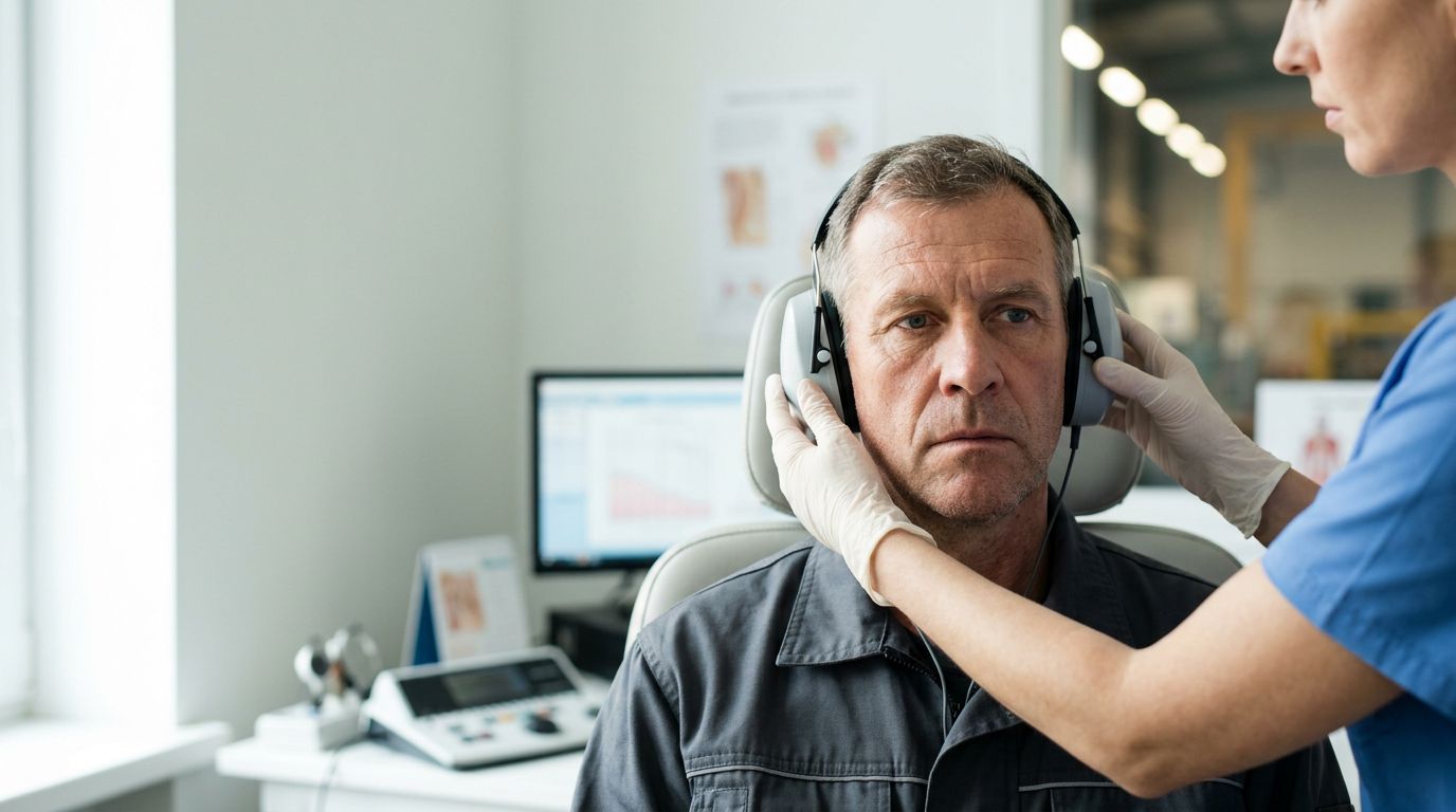 Worker wearing earmuffs during a hearing test in a clinic.