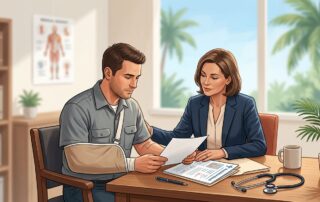 An injured worker reviews medical care options with an attorney beside a desk.