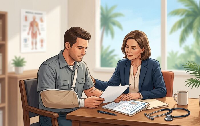 An injured worker reviews medical care options with an attorney beside a desk.