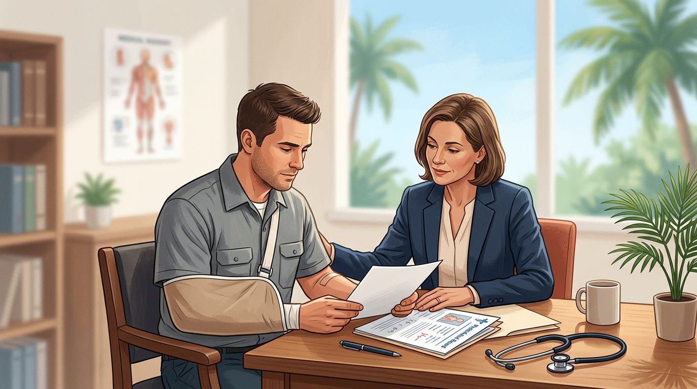 An injured worker reviews medical care options with an attorney beside a desk.