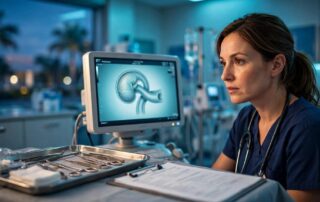 Emergency physician reviewing an ultrasound beside a monitor in a hospital room.