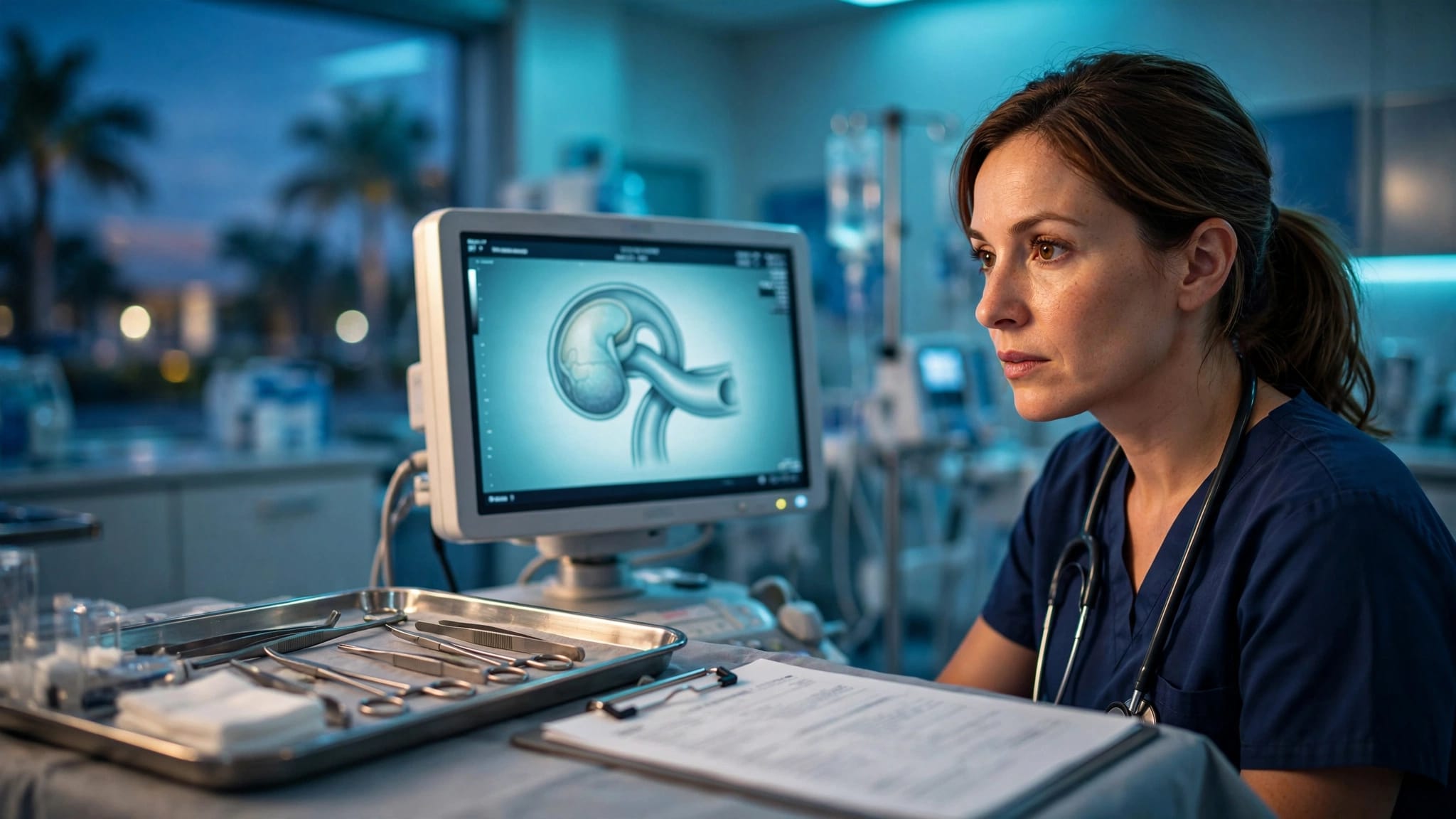 Emergency physician reviewing an ultrasound beside a monitor in a hospital room.