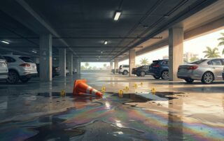 An oil spill, fallen cone, and evidence markers on a parking garage floor.