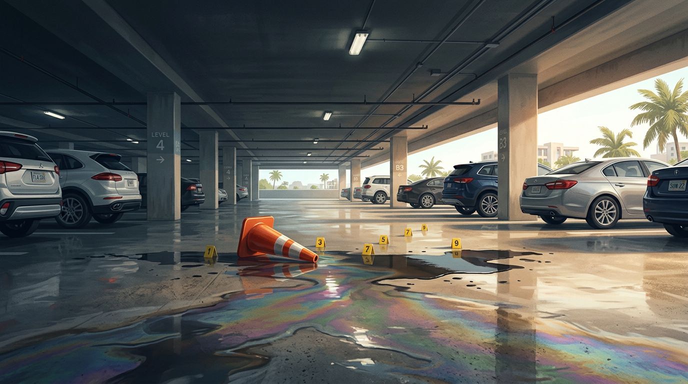 An oil spill, fallen cone, and evidence markers on a parking garage floor.