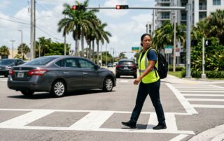 A pedestrian in a safety vest crosses while a sedan turns behind them.