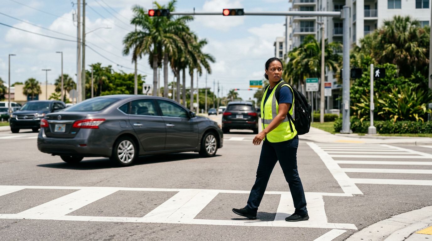 A pedestrian in a safety vest crosses while a sedan turns behind them.