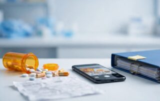Open prescription bottle with mismatched pills, a smartphone, and medical records on a pharmacy counter.