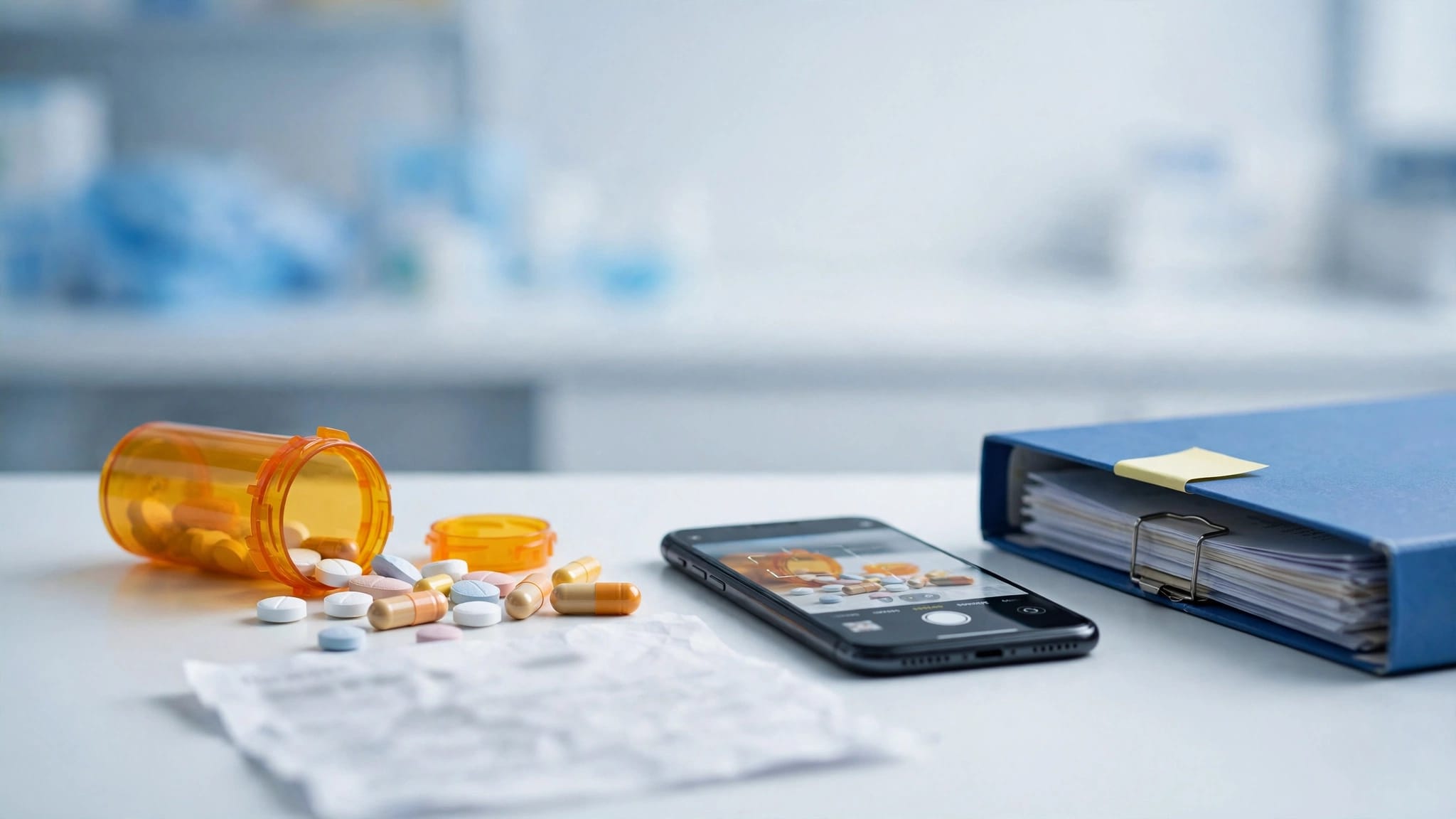 Open prescription bottle with mismatched pills, a smartphone, and medical records on a pharmacy counter.