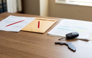 A damaged car key and insurance papers sit beside a Florida map shape.