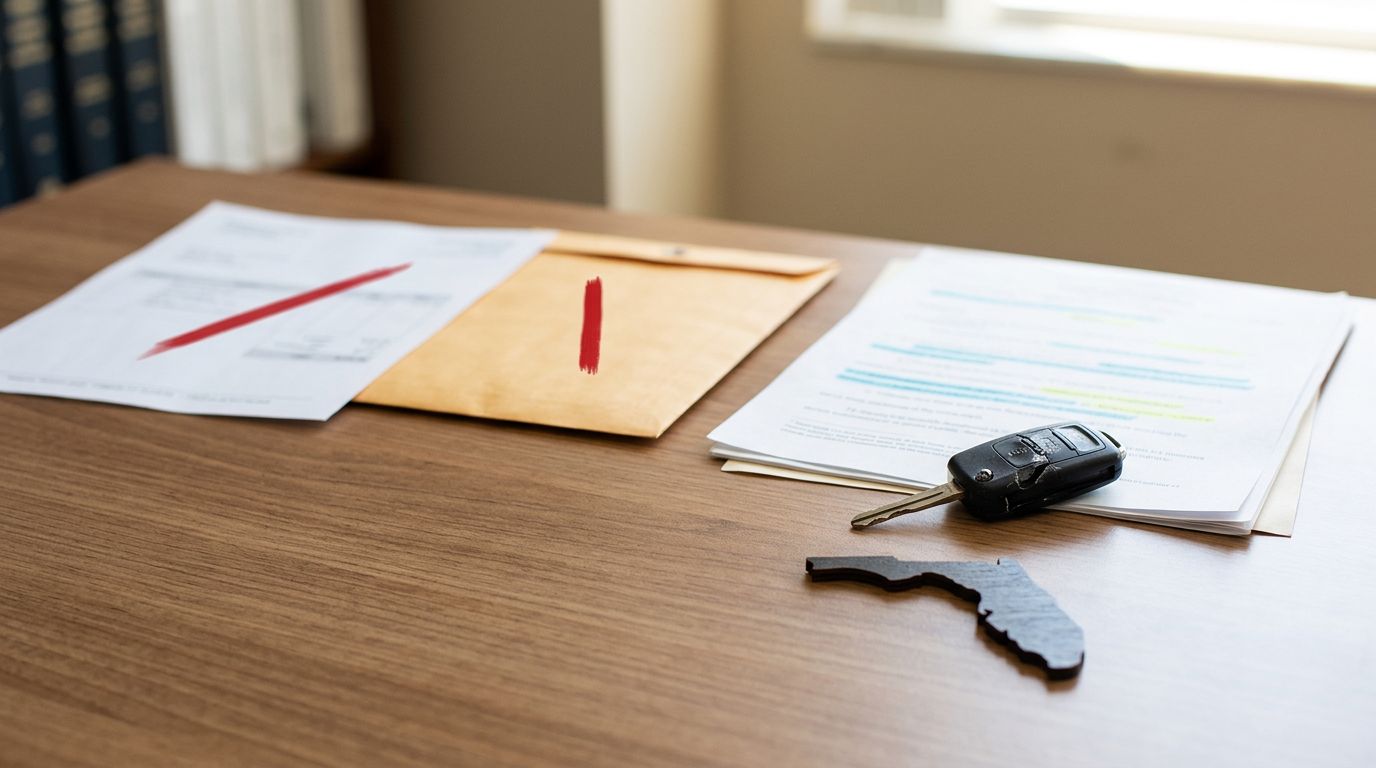A damaged car key and insurance papers sit beside a Florida map shape.