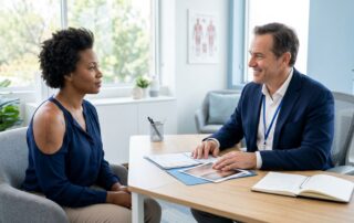 Woman discussing a shoulder scar with a doctor in a bright consultation room.