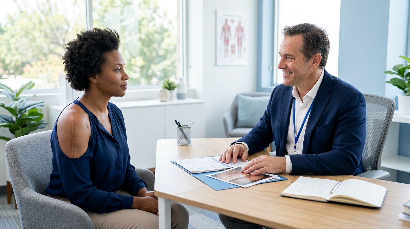 Woman discussing a shoulder scar with a doctor in a bright consultation room.