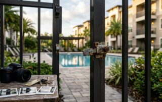 An open pool gate with a broken latch and evidence items on a nearby table.