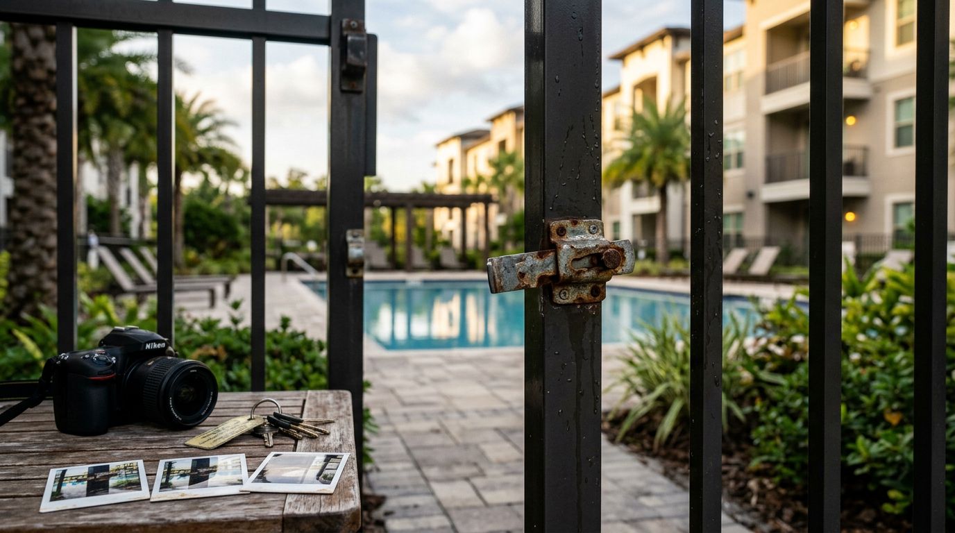 An open pool gate with a broken latch and evidence items on a nearby table.