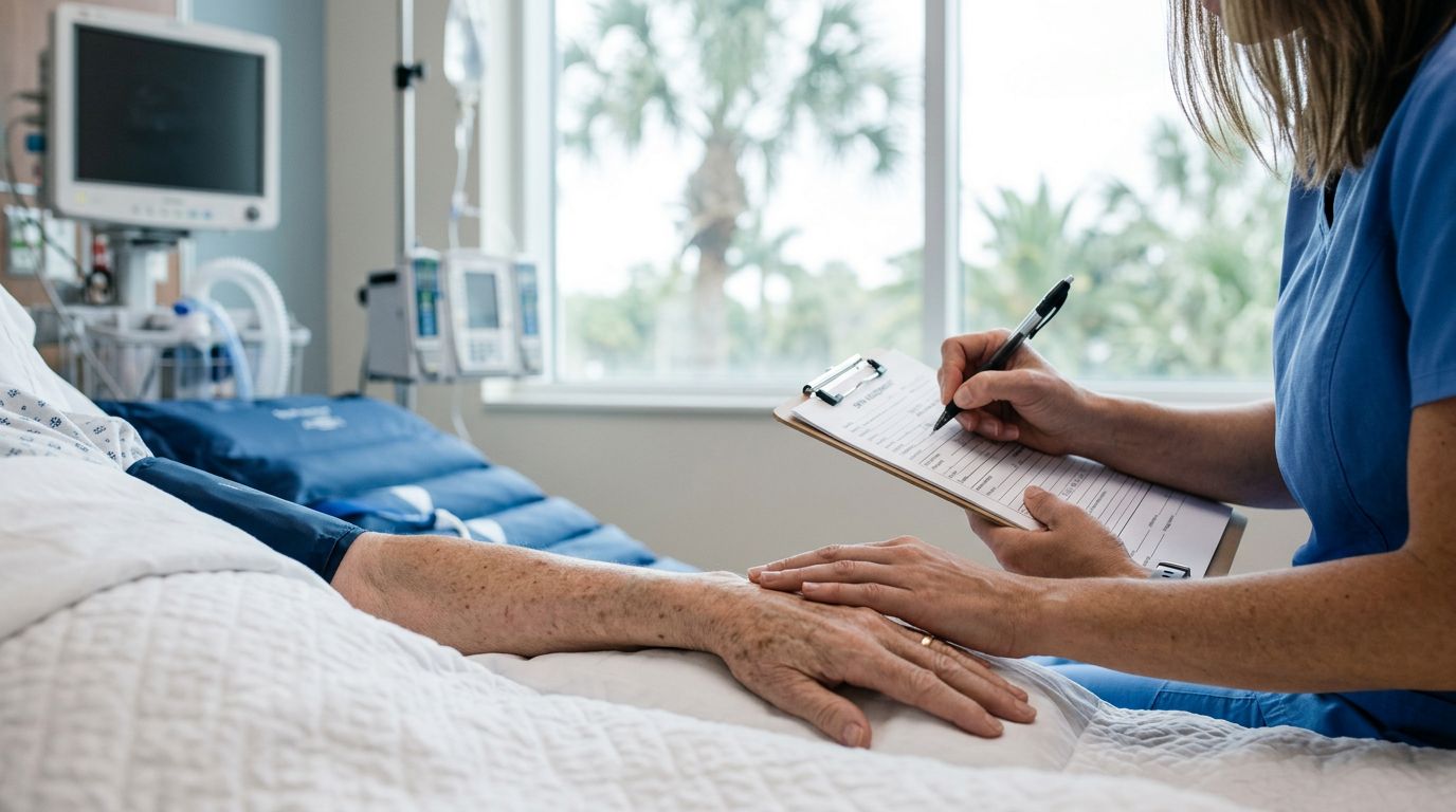 A nurse documents a patient’s forearm beside a pressure-relieving mattress.