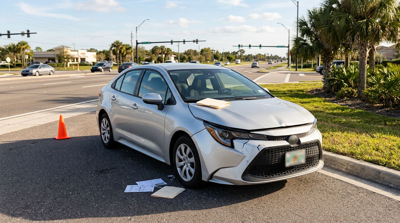 Damaged rental sedan parked near a Florida intersection with an orange cone and claim documents.
