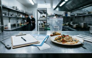 Meal, medical folder, thermometer, and blank inspection form on a counter.