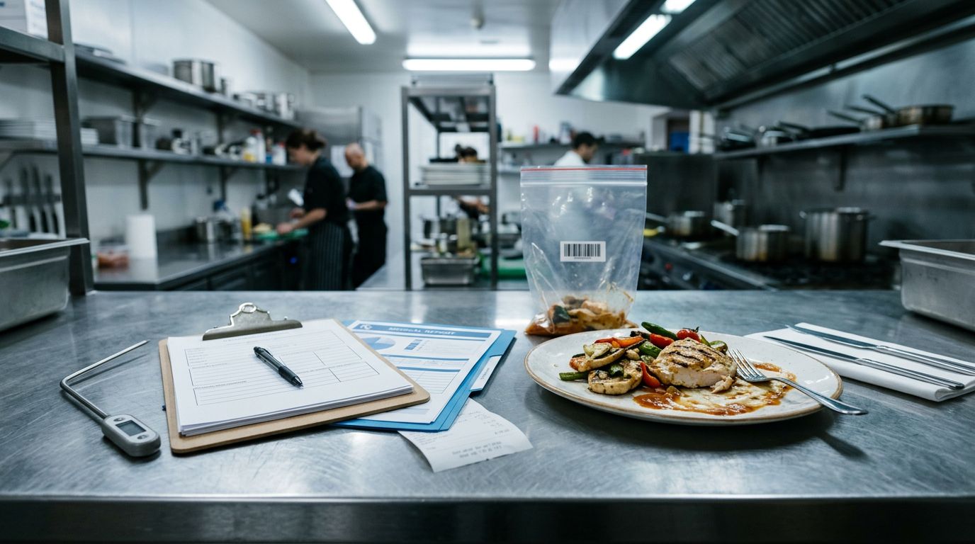 Meal, medical folder, thermometer, and blank inspection form on a counter.