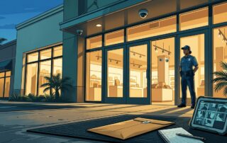 A store entrance with security cameras, a guard, and evidence records at dusk.