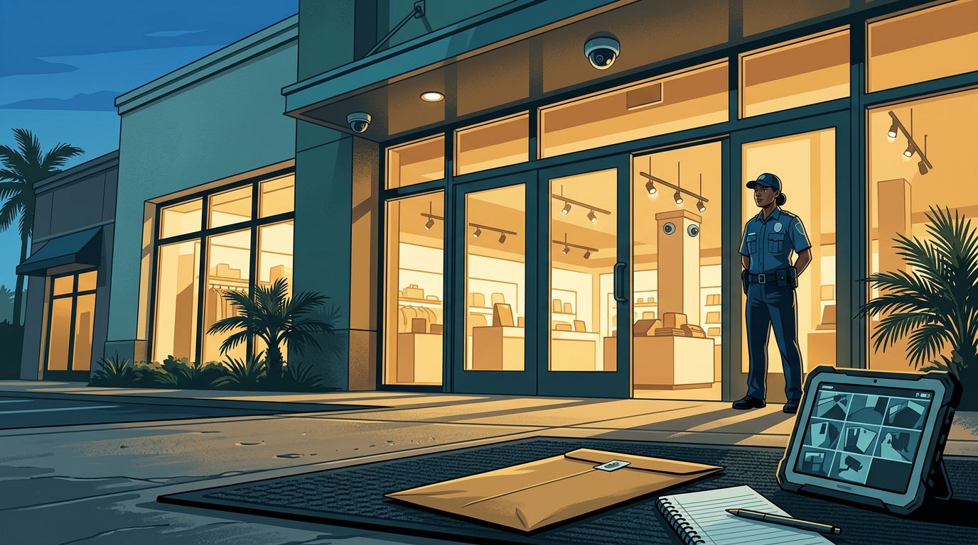 A store entrance with security cameras, a guard, and evidence records at dusk.