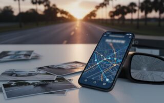 A phone with a blurred rideshare map beside a cracked mirror and crash photos.
