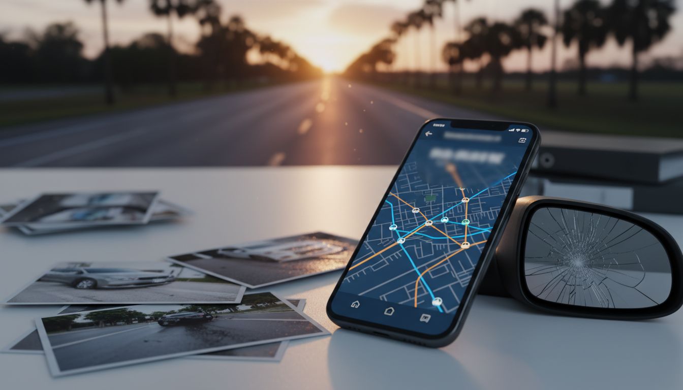 A phone with a blurred rideshare map beside a cracked mirror and crash photos.