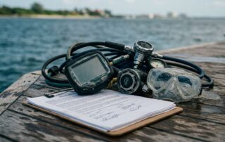 Damaged scuba equipment and a blurred waiver rest on a boat near the Florida coast.