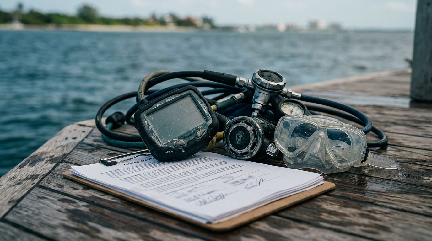 Damaged scuba equipment and a blurred waiver rest on a boat near the Florida coast.