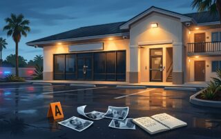 A closed Florida property with police lights, an evidence marker, and papers on wet pavement.