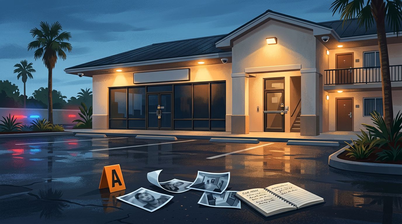 A closed Florida property with police lights, an evidence marker, and papers on wet pavement.