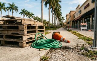 A pallet and garden hose block a Florida sidewalk beside a fallen safety cone.