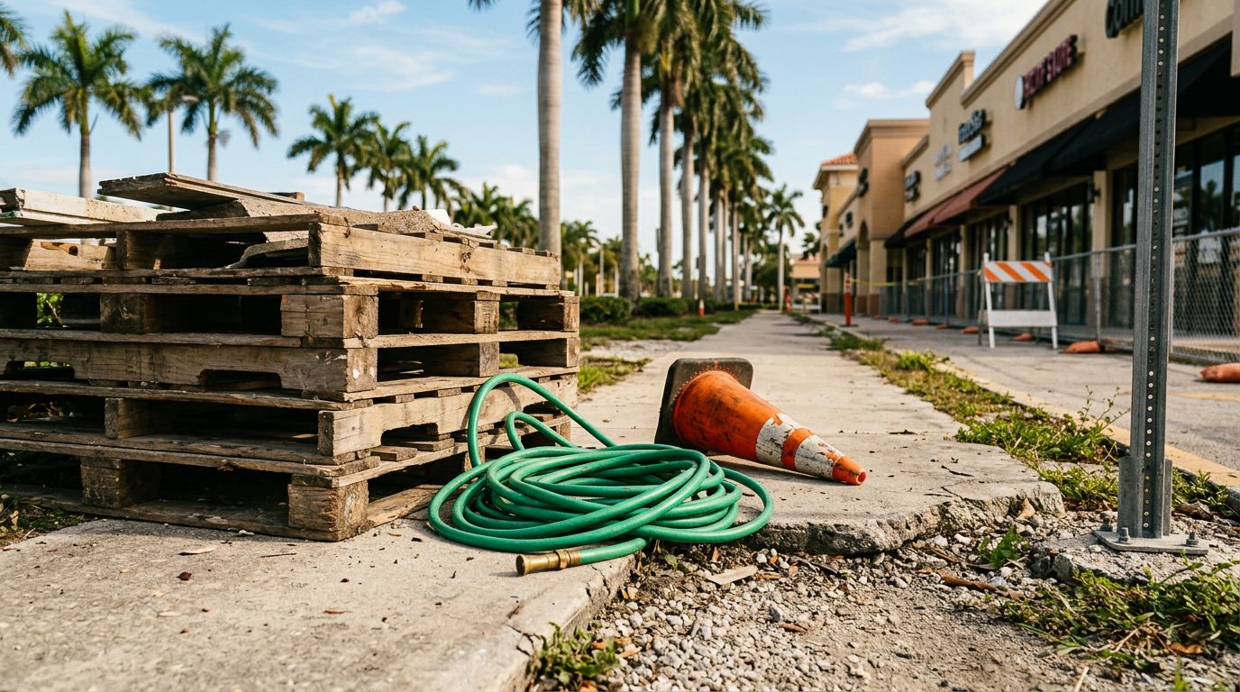 A pallet and garden hose block a Florida sidewalk beside a fallen safety cone.