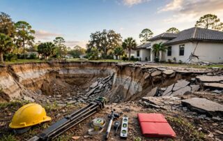 A Florida home beside a sinkhole with cracked foundations and survey equipment in front.
