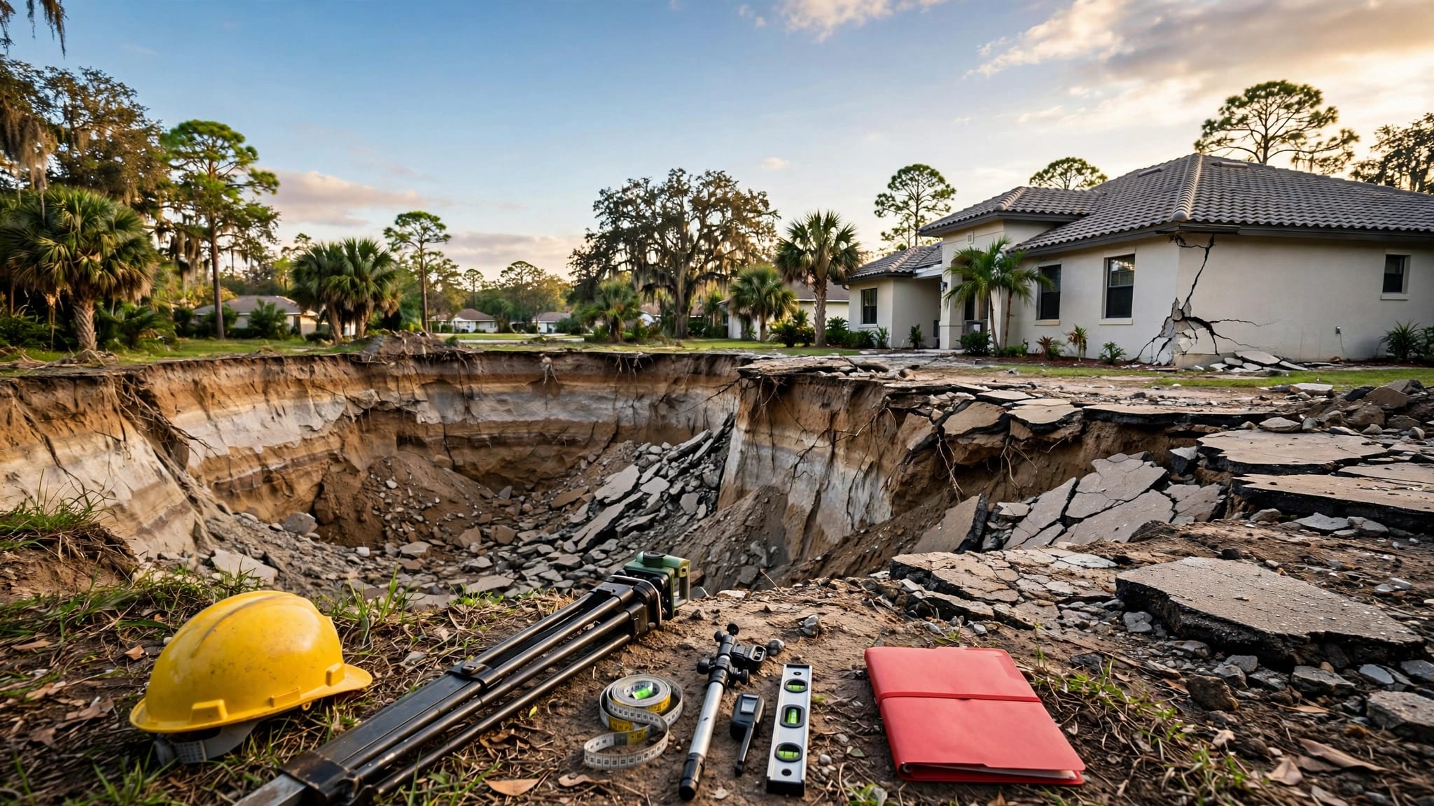 A Florida home beside a sinkhole with cracked foundations and survey equipment in front.
