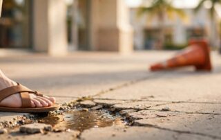Sandals beside a puddle and cracked pavement outside a storefront.
