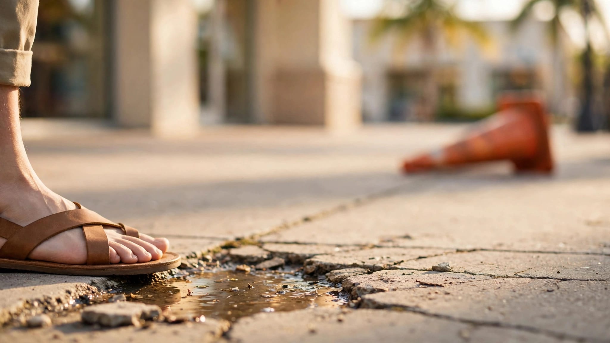 Sandals beside a puddle and cracked pavement outside a storefront.