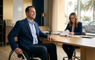 A wheelchair user meets an attorney beside documents, palms, and a damaged car.