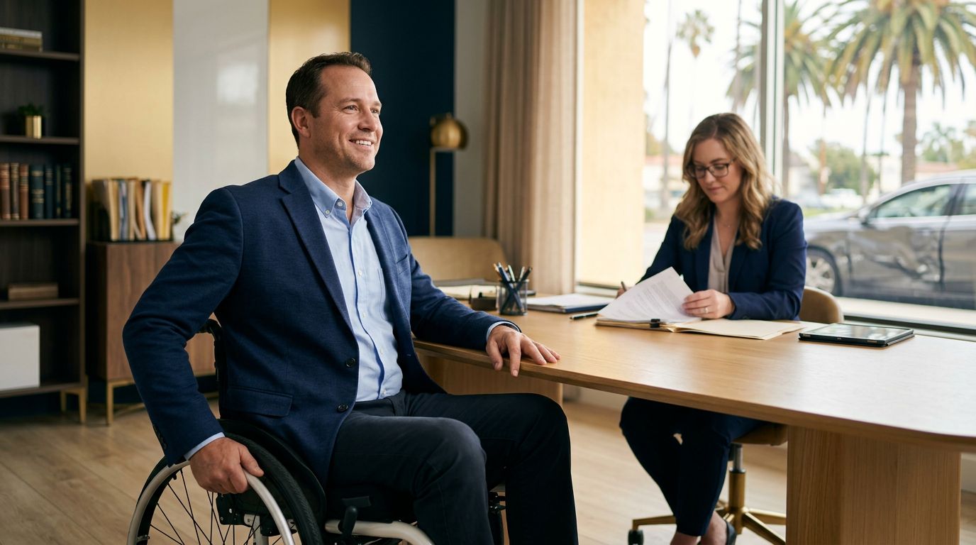 A wheelchair user meets an attorney beside documents, palms, and a damaged car.