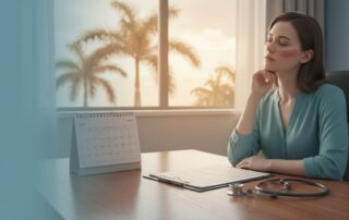 Woman with lupus beside medical documents and a stethoscope in a Florida healthcare setting.
