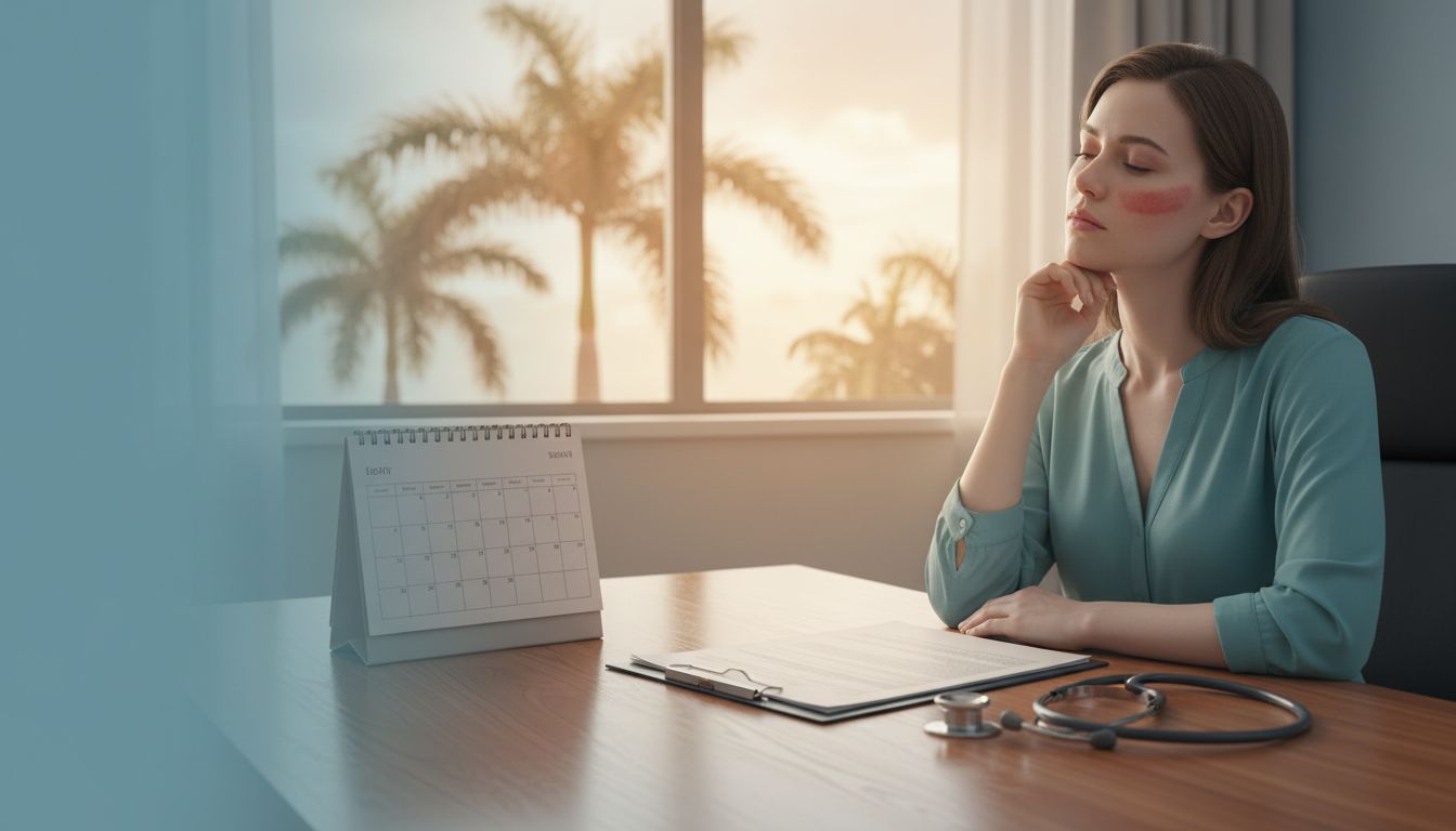 Woman with lupus beside medical documents and a stethoscope in a Florida healthcare setting.