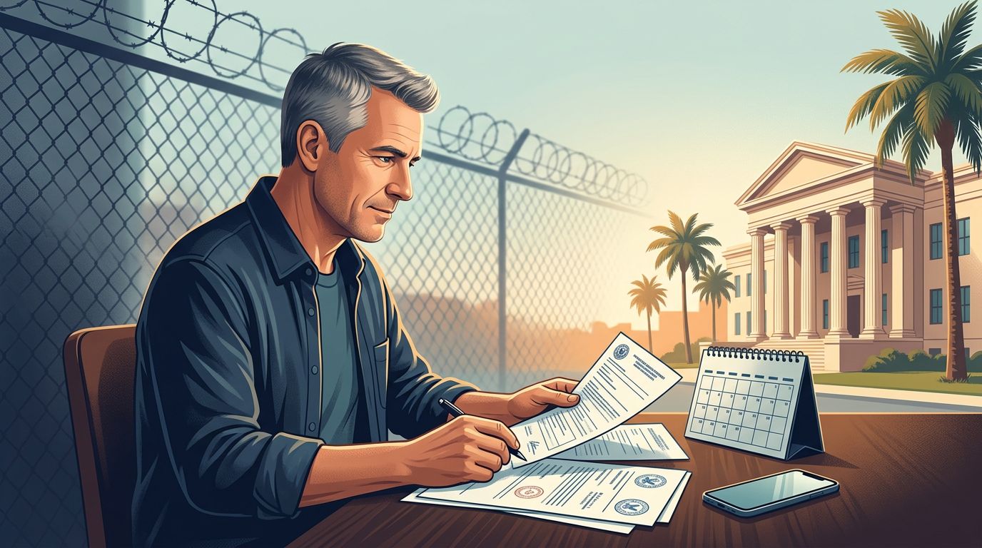 Man reviewing benefit documents beside a calendar and phone near a Florida courthouse.