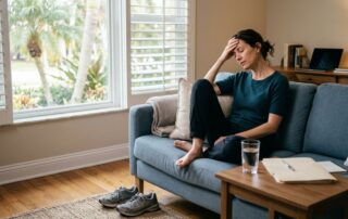 Woman resting on a sofa with walking shoes, water, and a medical folder nearby.