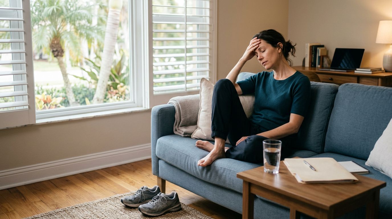 Woman resting on a sofa with walking shoes, water, and a medical folder nearby.