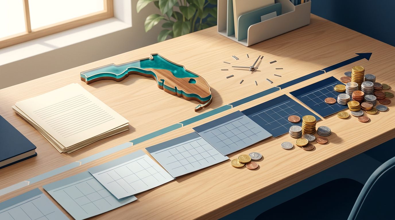 Florida map with benefit papers, a clock, calendars, and coins along a timeline.