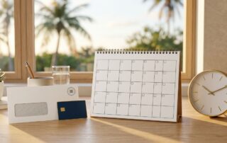 Blank calendar, clock, bank card, and benefits envelope on a sunny desk with palm trees outside.