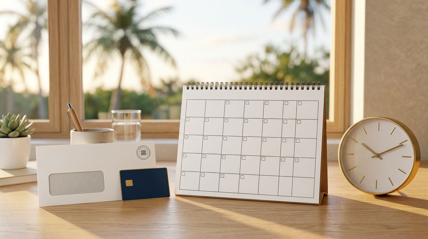 Blank calendar, clock, bank card, and benefits envelope on a sunny desk with palm trees outside.