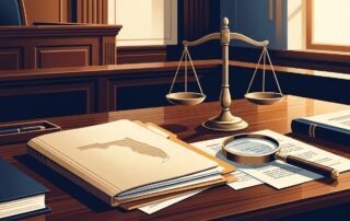 A courthouse desk displays an organized case file, justice scales, and a magnifying glass over legal papers.