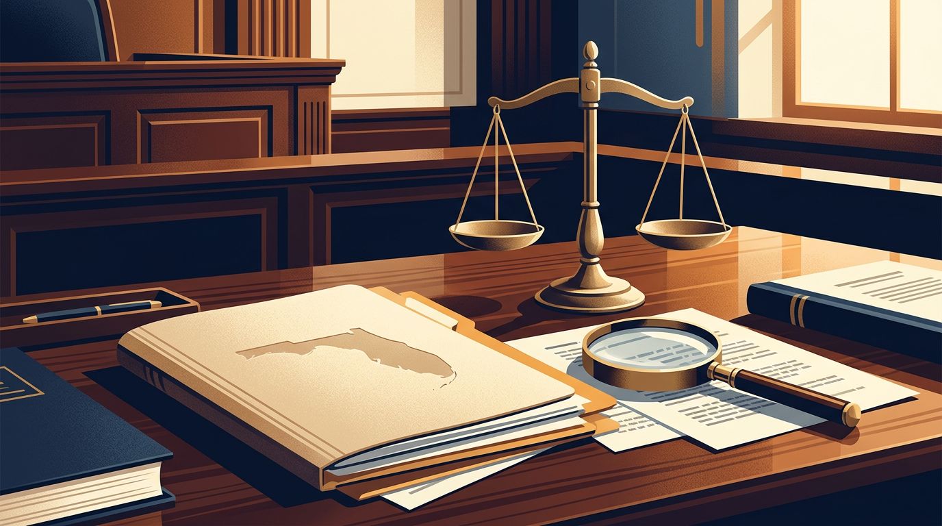 A courthouse desk displays an organized case file, justice scales, and a magnifying glass over legal papers.